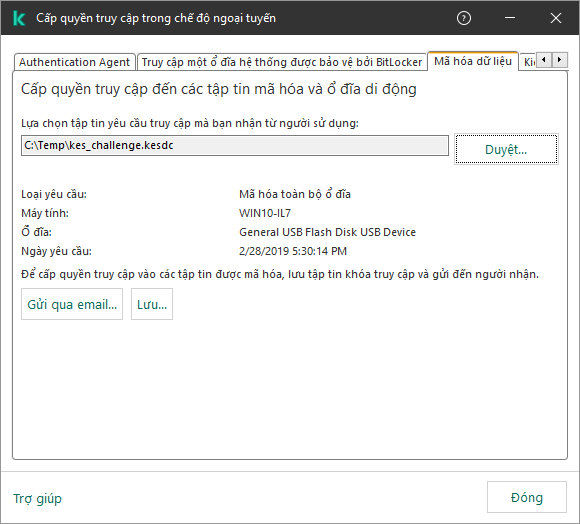 Cửa sổ chứa một trường để chọn tập tin truy cập yêu cầu. Người dùng có thể lưu tập tin khóa truy cập đã tạo vào đĩa hoặc gửi qua email.