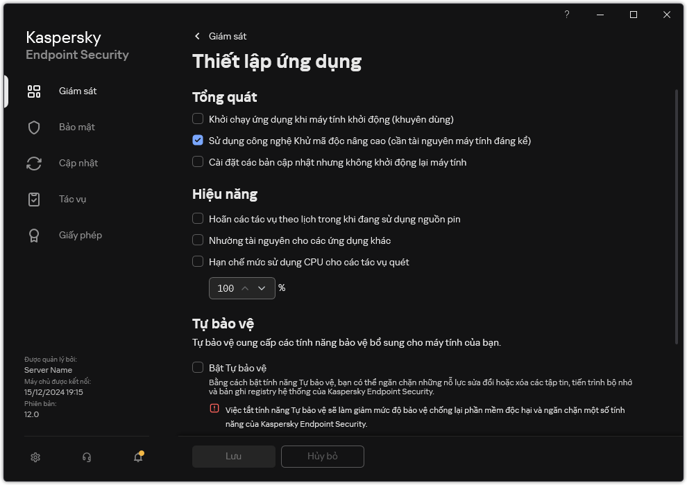 Cửa sổ thiết lập ứng dụng. Người dùng có thể cấu hình hiệu năng, tự bảo vệ và các thiết lập khác.