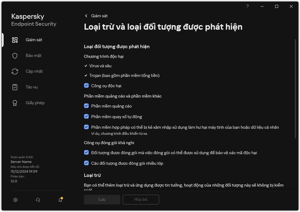 Cửa sổ thiết lập loại trừ. Người dùng có thể chọn loại đối tượng được phát hiện và thêm đối tượng vào mục loại trừ.
