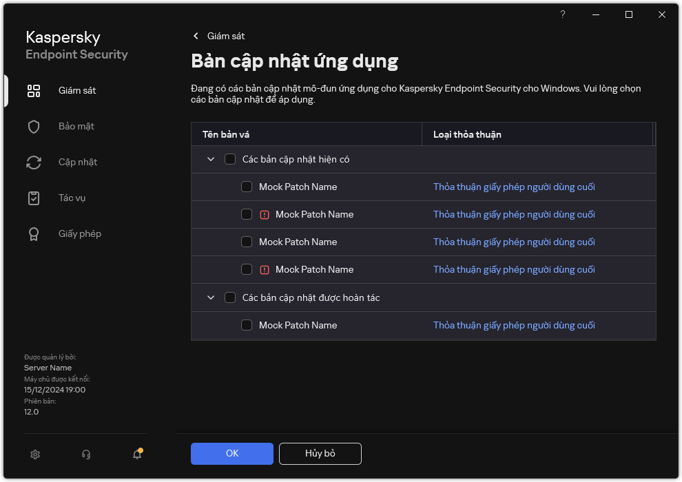Cửa sổ chứa danh sách các bản vá khả dụng. Người dùng có thể chọn bản vá và chấp nhận các điều khoản và điều kiện của thỏa thuận.