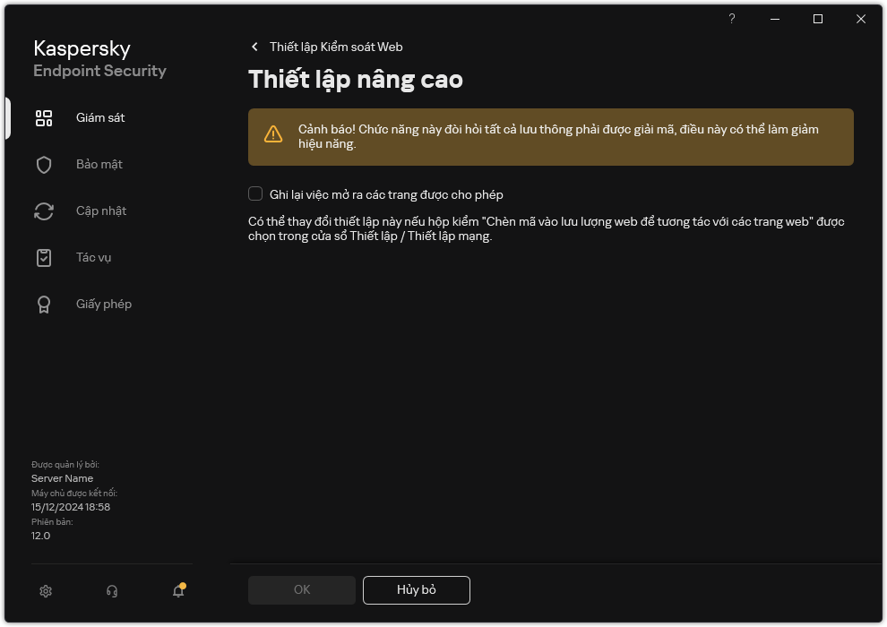 Cửa sổ thiết lập nâng cao của Kiểm soát web.