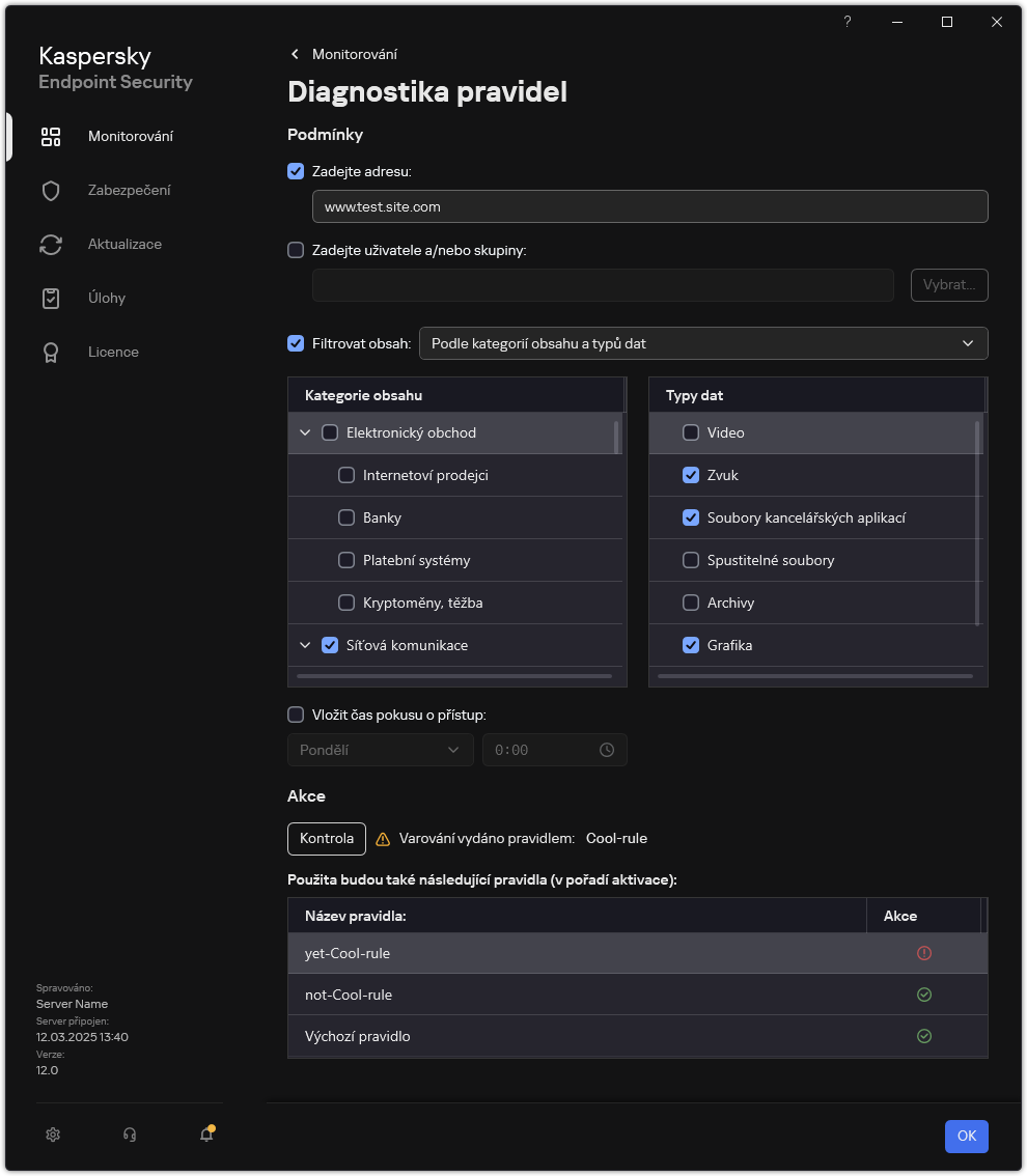 Okno s výsledky testu webových prostředků.