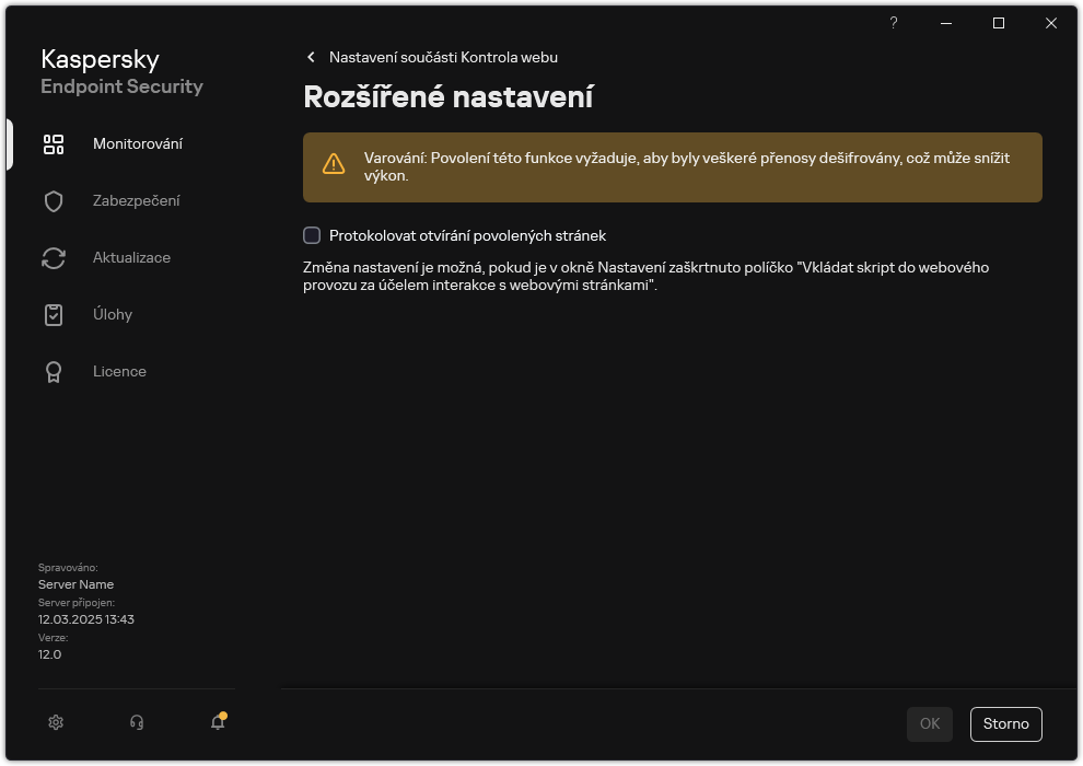 Okno s rozšířeným nastavením součásti Kontrola webu.