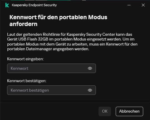 Das Fenster enthält Felder zur Eingabe und Bestätigung des Kennworts.