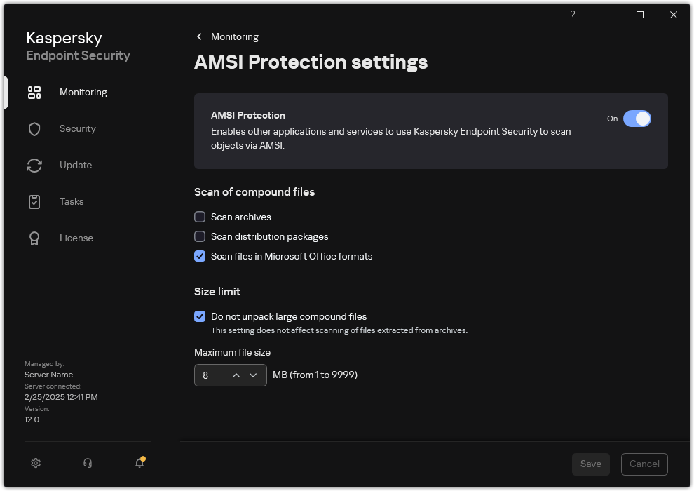 AMSI Protection settings window.