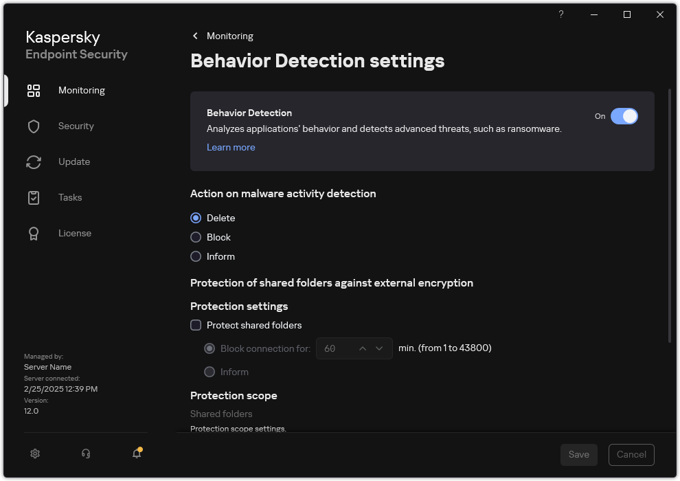 Behavior Detection settings window.