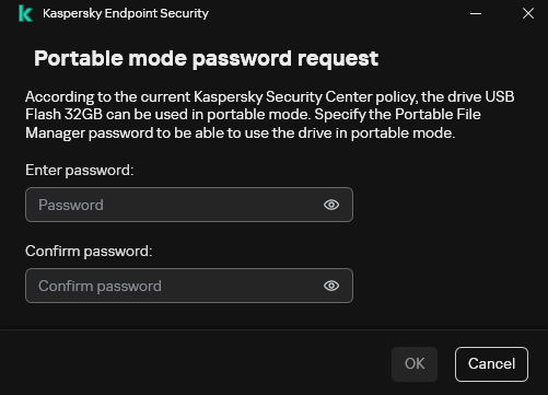The window contains fields for entering and confirming the password.