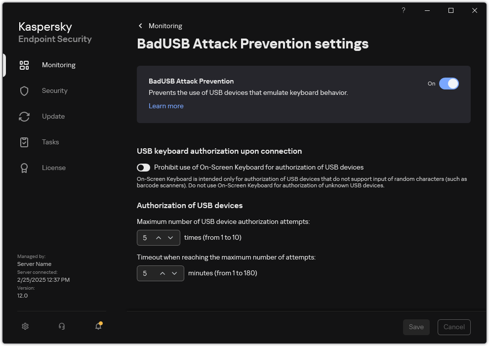 BadUSB Attack Prevention settings window.