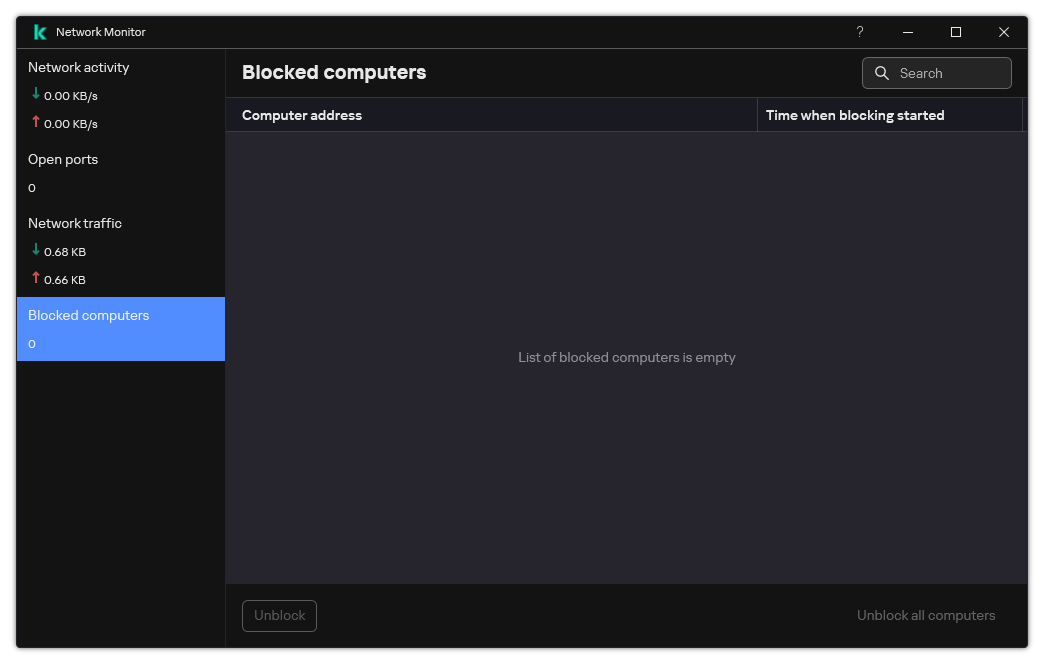Network Monitor window with a list of blocked computers. You can unblock individual computers or all computers.
