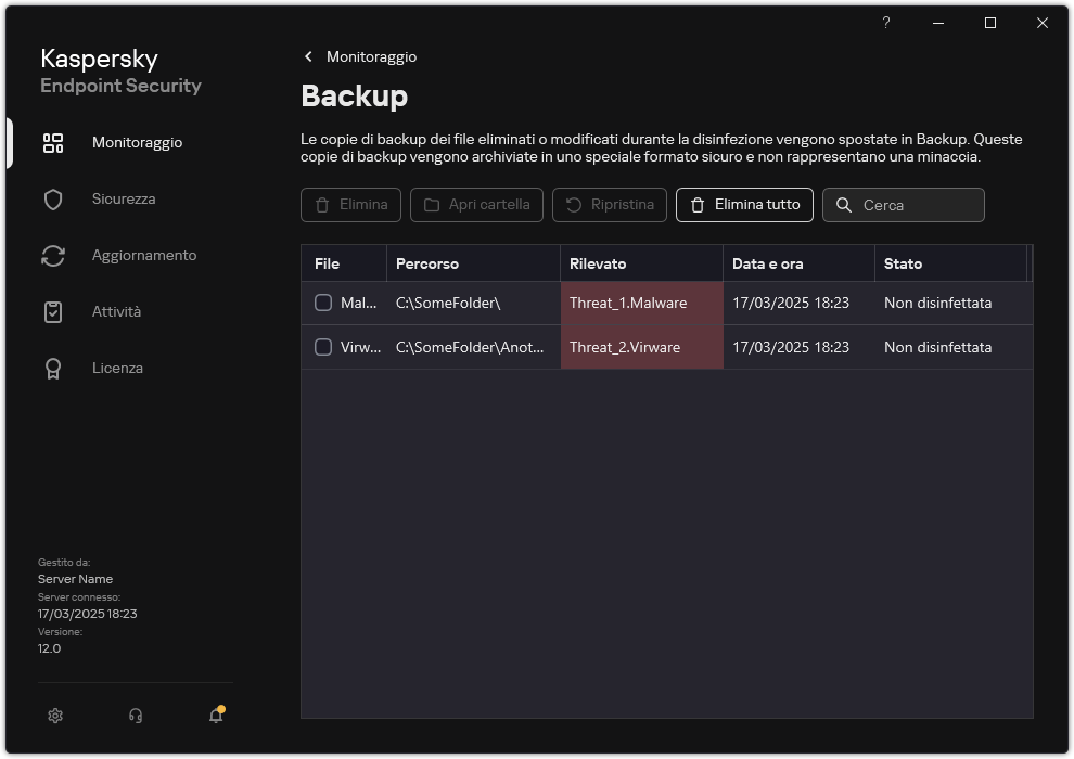 Finestra di backup.