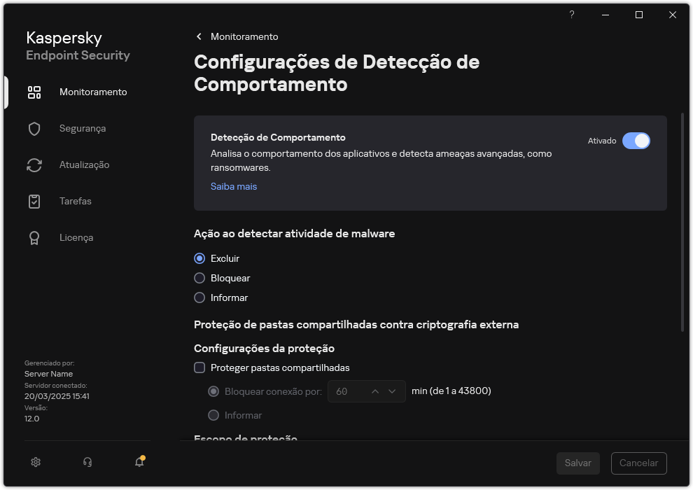 Janela Configurações de Detecção de Comportamento.