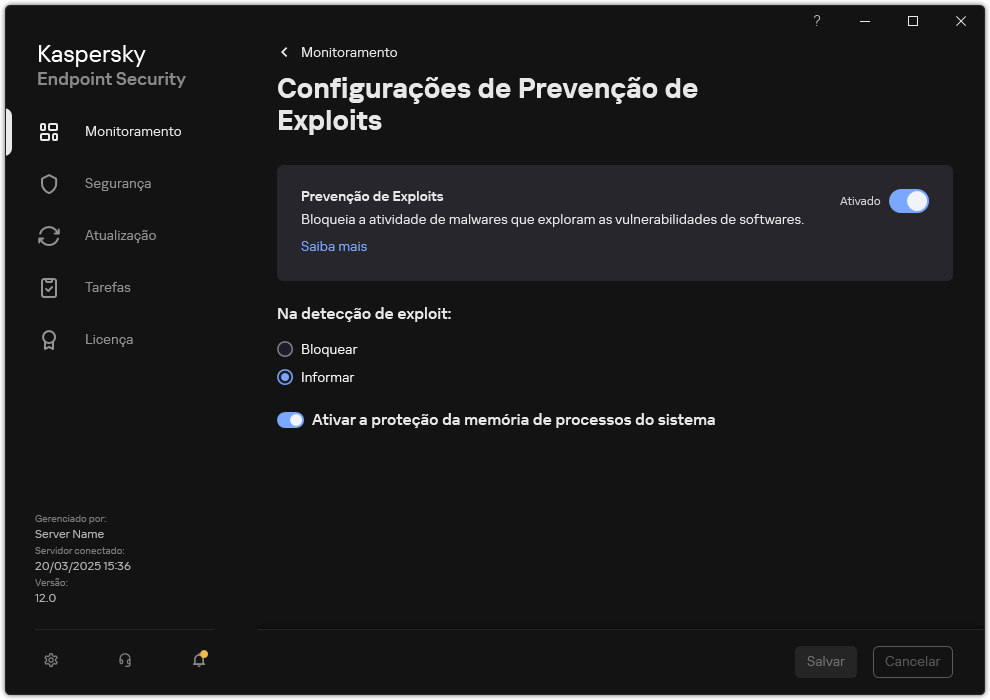 Janela Configurações de prevenção de exploit