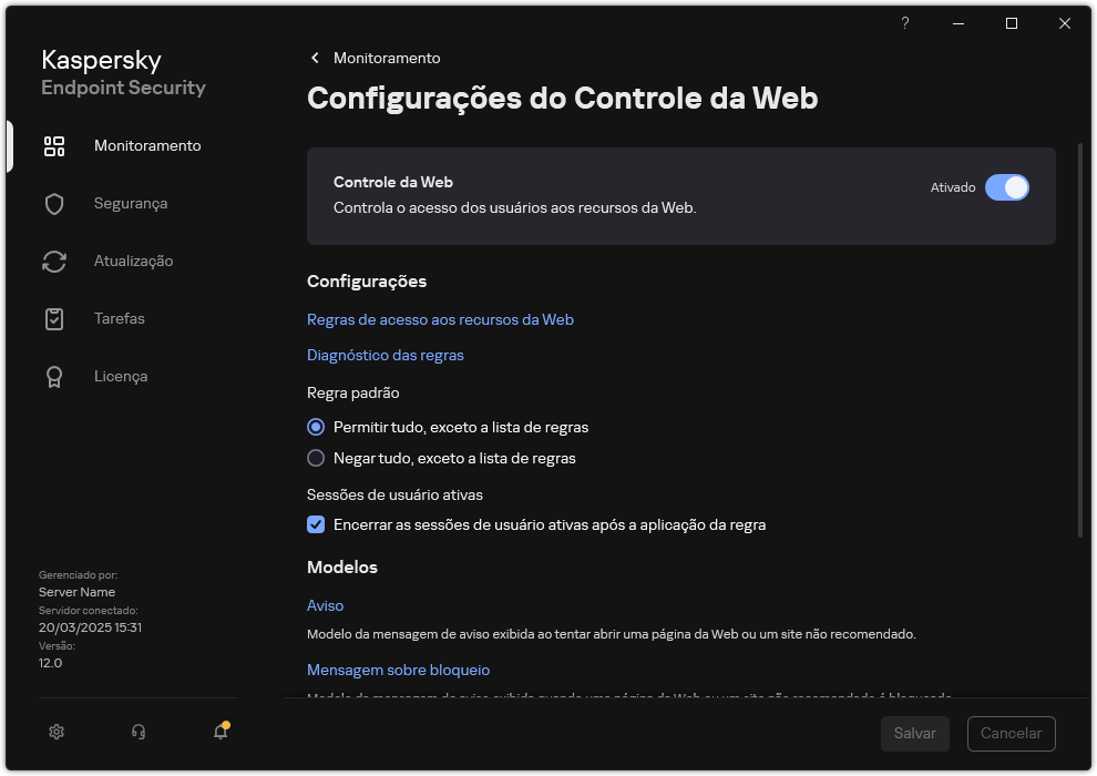 Janela de configurações do Controle da Web.