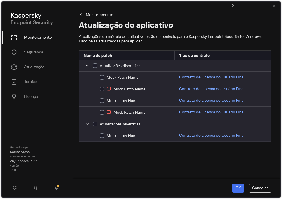 Janela com uma lista de patches disponíveis. O usuário pode selecionar patches e aceitar os termos e condições dos contratos.