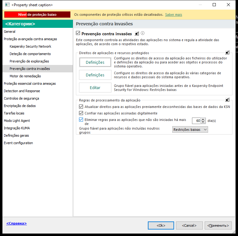 Janela de definições de Prevenção contra intrusões.