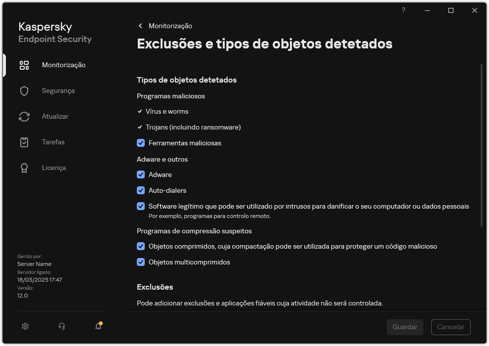Janela de definições de exclusão. O utilizador pode selecionar tipos de objetos detetados e adicionar objetos às exclusões.
