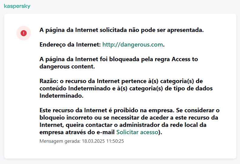 Notificação da Kaspersky sobre o bloqueio de acesso à página de Internet na janela do navegador. O utilizador pode criar um pedido para aceder ao recurso da web.