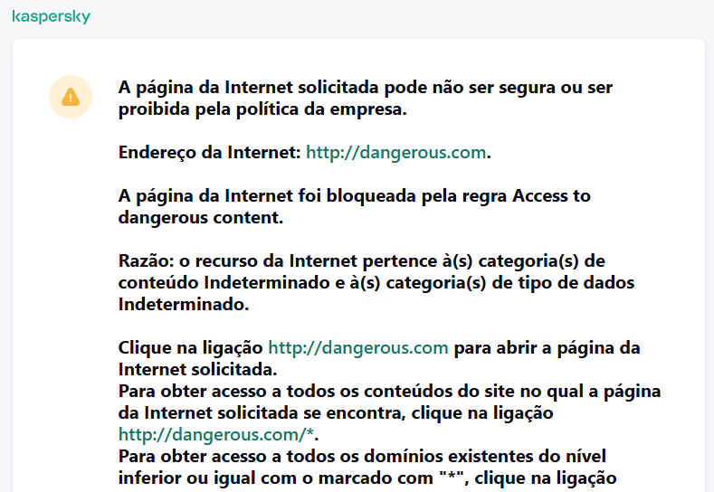 Notificação da Kaspersky sobre a visita a uma página de Internet possivelmente insegura na janela do navegador. O utilizador pode criar um pedido para aceder ao recurso da web.