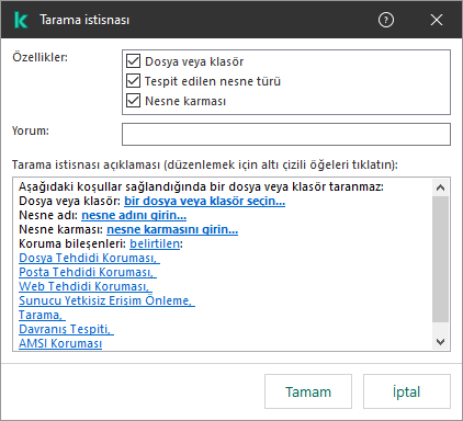 Hariç tutma seçim araçlarını içeren bir pencere. Kullanıcı dosya veya klasör seçebilir, bir nesne adı veya karma girebilir.