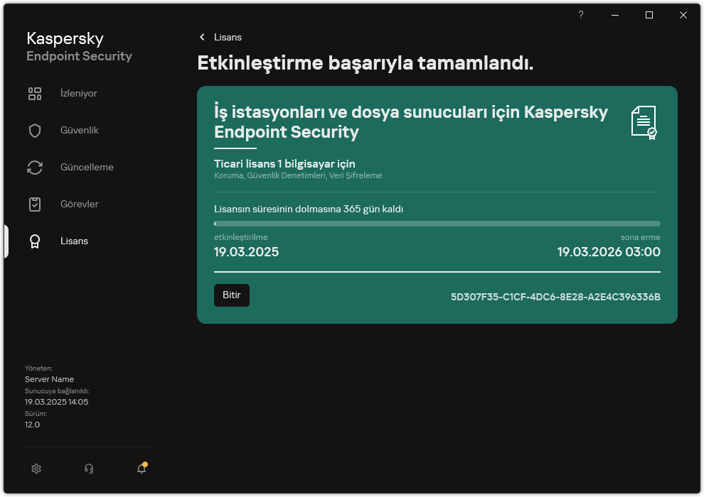 Pencere lisansla ilgili bilgileri içerir: sona erme tarihi, kullanılabilir işlevler ve diğer bilgiler.