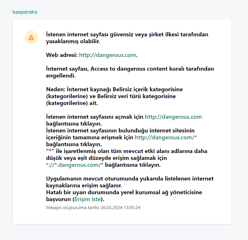 Tarayıcı penceresinde muhtemelen güvenli olmayan bir web sayfasının ziyaret edilmesiyle ilgili Kaspersky bildirimi. Kullanıcı, web kaynağına erişmek için bir istek oluşturabilir.
