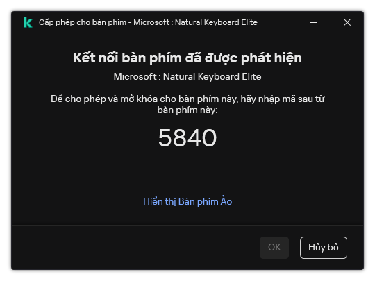 Cửa sổ chứa mã cho phép sử dụng bàn phím. Người dùng có thể kích hoạt bàn phím ảo và nhập mã.