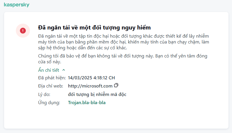 Thông báo của Kaspersky về việc ngăn đối tượng độc hại nạp vào trong cửa sổ trình duyệt.