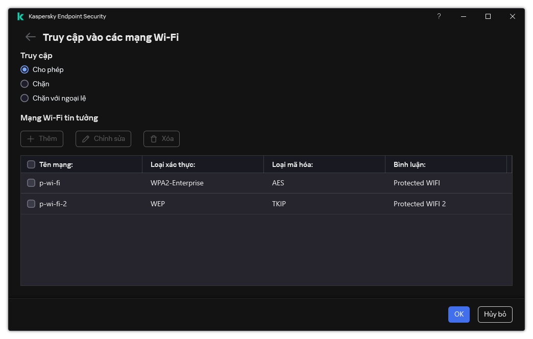 Một cửa sổ chứa danh sách các mạng Wi-Fi. Người dùng có thể cấu hình quyền truy cập tất cả các mạng Wi-Fi và thêm các mạng Wi-Fi được tin tưởng.