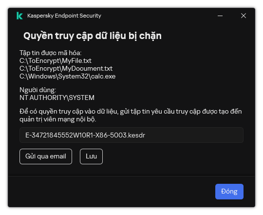 Một cửa sổ có tập tin yêu cầu truy cập dữ liệu được mã hóa. Người dùng có thể lưu tập tin đã tạo vào đĩa hoặc gửi tập tin qua email.