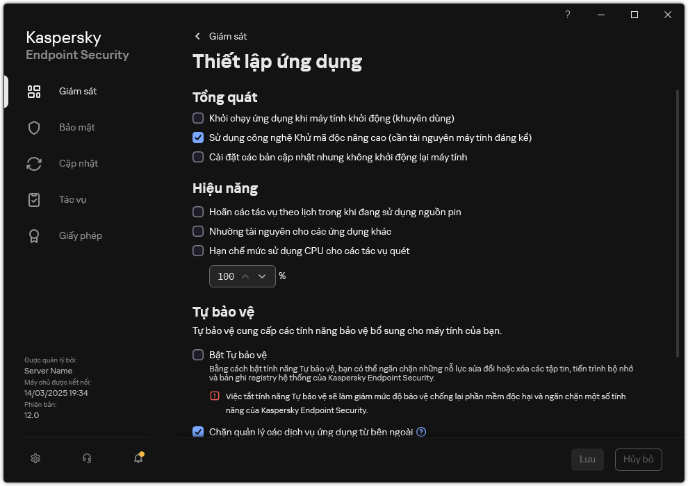 Cửa sổ thiết lập ứng dụng. Người dùng có thể cấu hình hiệu năng, tự bảo vệ và các thiết lập khác.