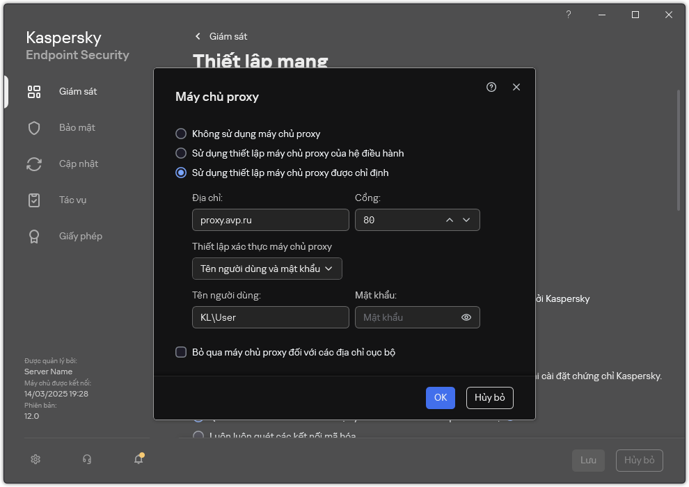 Cửa sổ để cấu hình kết nối máy chủ proxy. Người dùng có thể đặt địa chỉ của máy chủ proxy và thông tin đăng nhập để kết nối với máy chủ proxy.