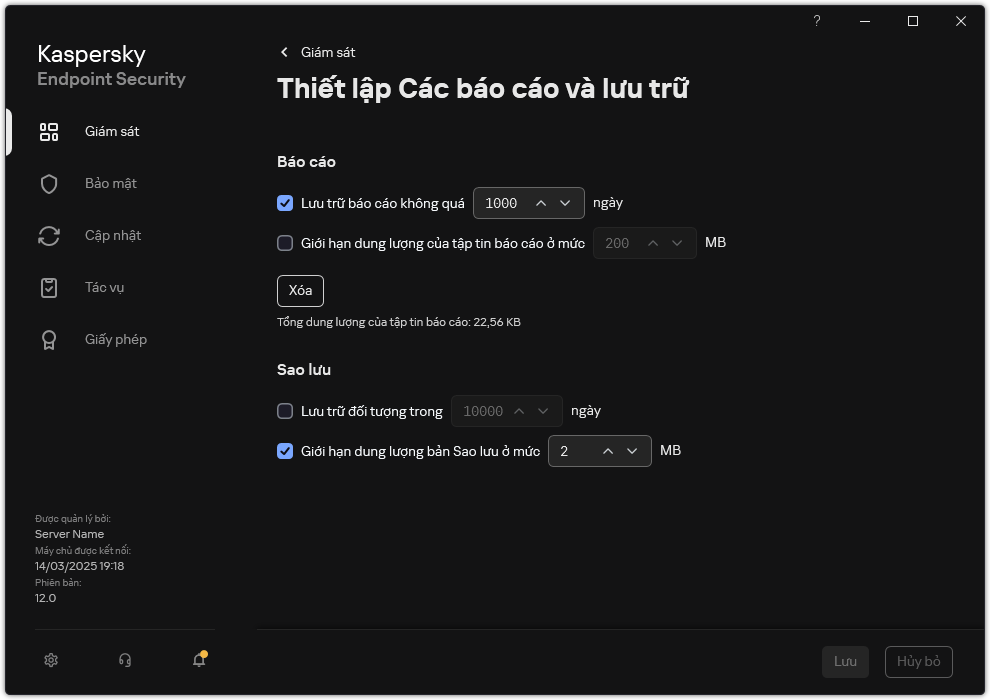 Cửa sổ thiết lập Các báo cáo và lưu trữ. Người dùng có thể thiết lập kích thước và giới hạn thời gian lưu trữ các báo cáo, đối tượng trong kho.