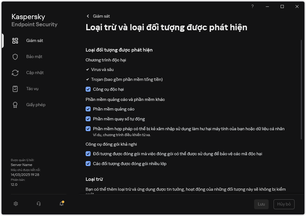 Cửa sổ thiết lập loại trừ. Người dùng có thể chọn loại đối tượng được phát hiện và thêm đối tượng vào mục loại trừ.