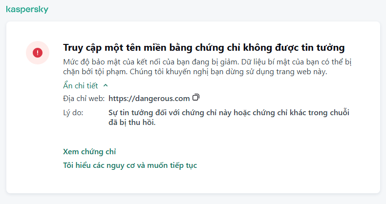 Thông báo của Kaspersky về việc truy cập miền có chứng chỉ không được tin tưởng trong cửa sổ trình duyệt. Người dùng có thể tiếp tục làm việc.