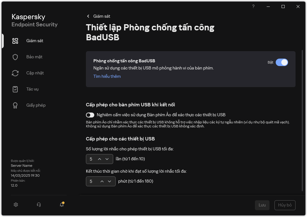 Cửa sổ thiết lập Phòng chống tấn công BadUSB.