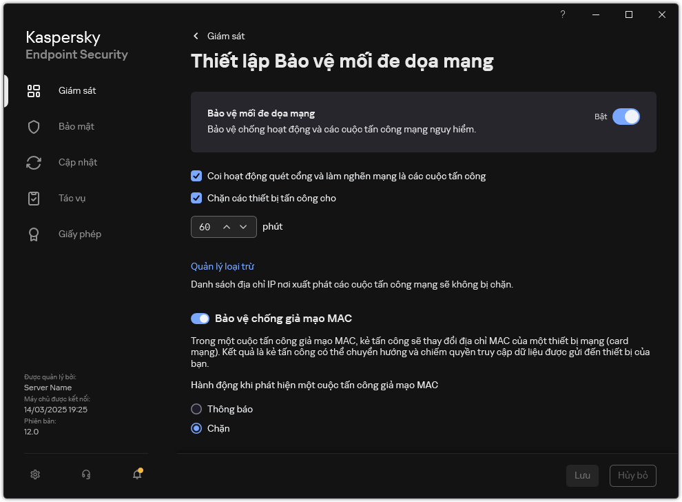 Cửa sổ thiết lập Bảo vệ mối đe dọa mạng