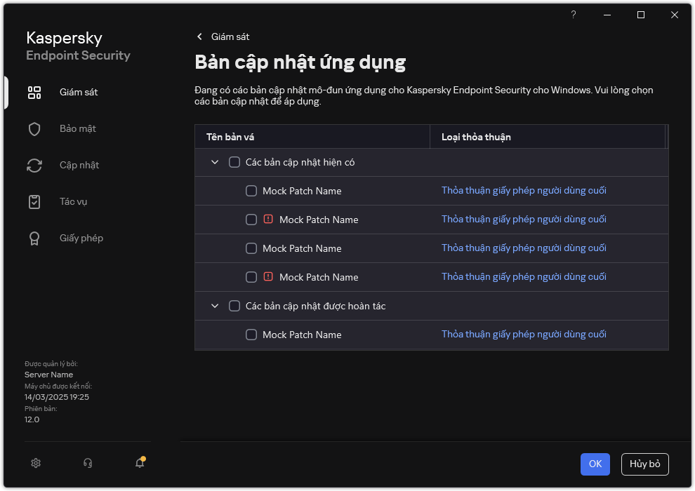 Cửa sổ chứa danh sách các bản vá khả dụng. Người dùng có thể chọn bản vá và chấp nhận các điều khoản và điều kiện của thỏa thuận.