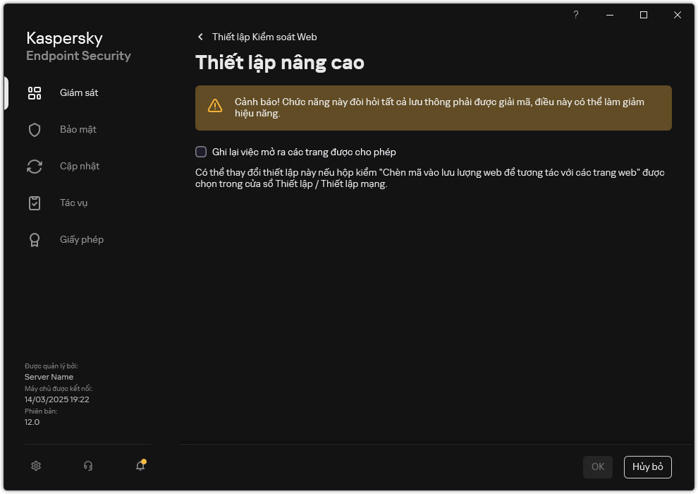 Cửa sổ thiết lập nâng cao của Kiểm soát web.