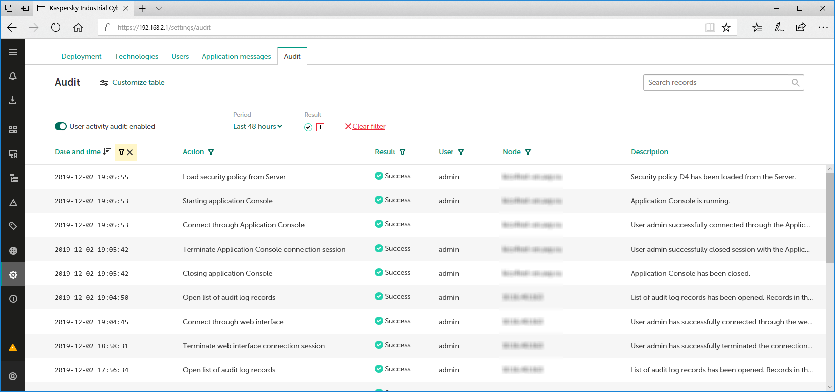 Settings section. Audit tab