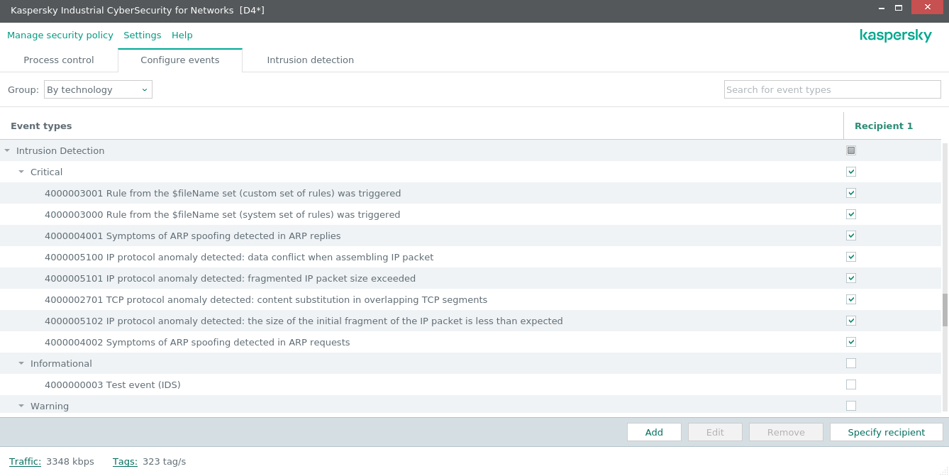 Configure events tab