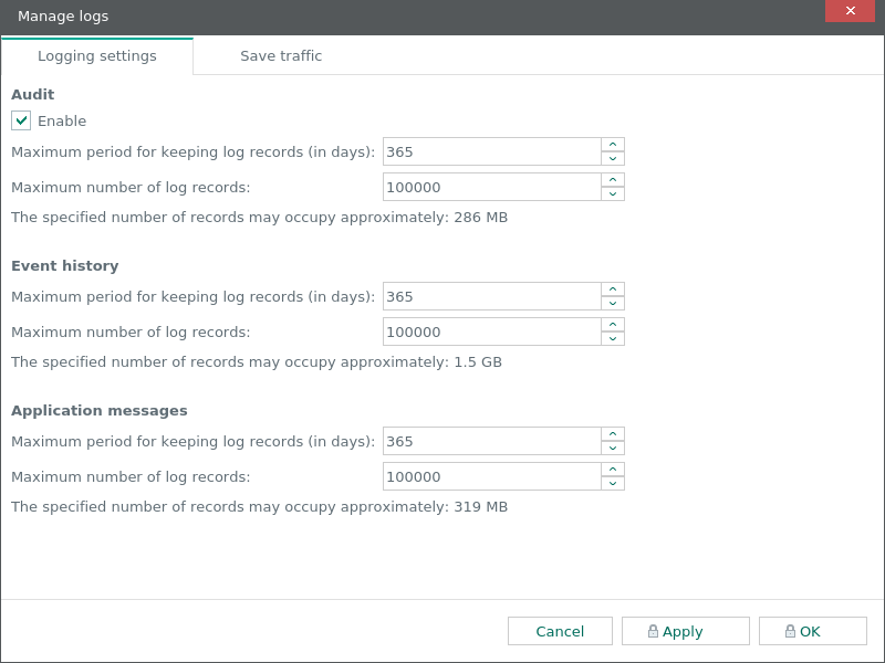 Manage logs window