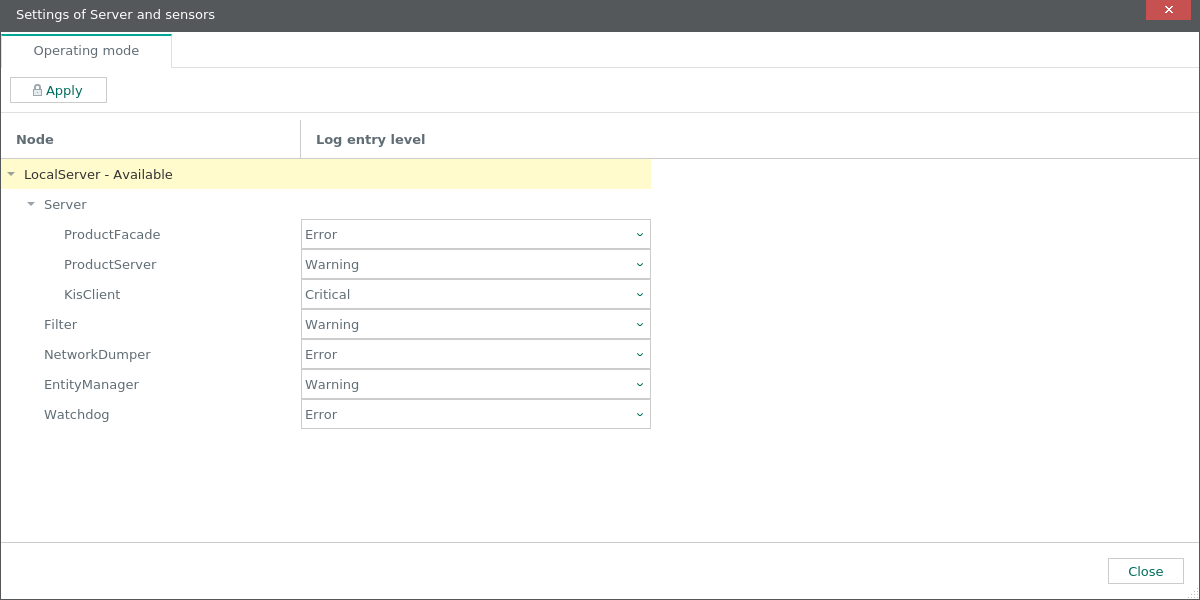 Settings of Server and sensors window