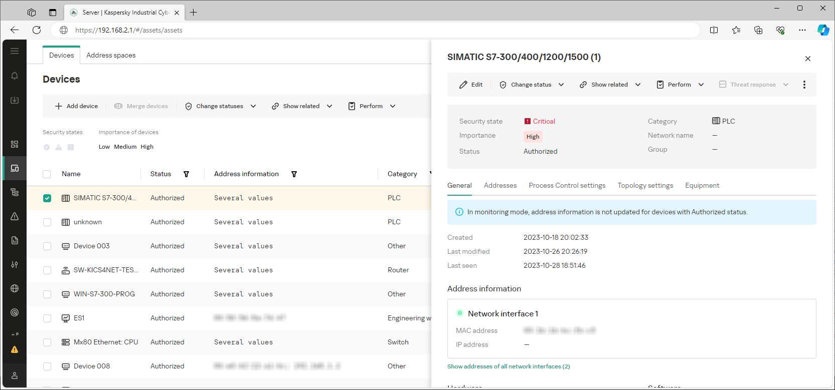 Example of the displayed interface elements and data in the "Assets" section.