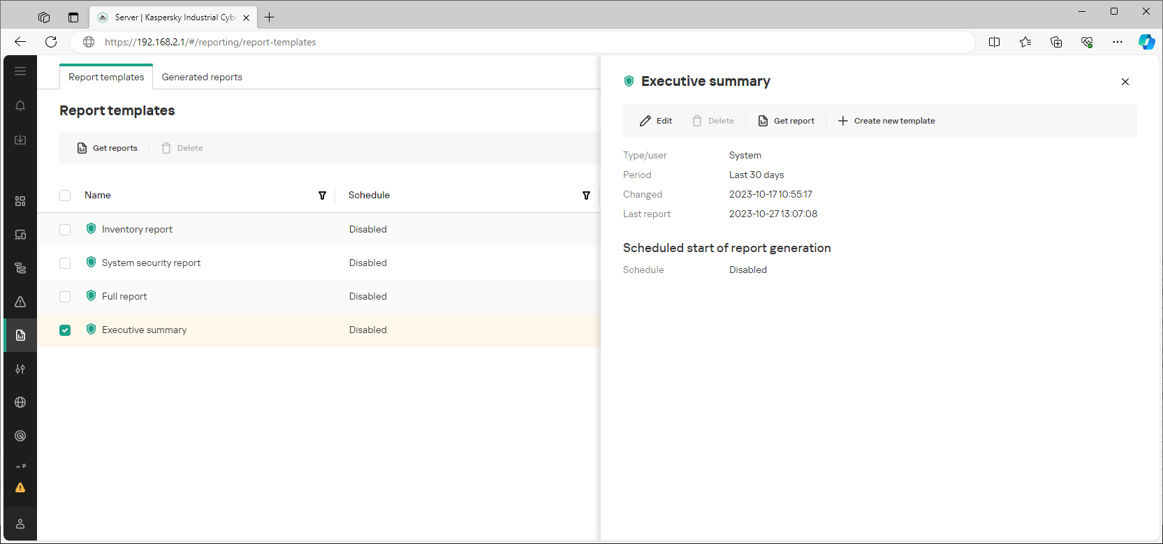 Example of the displayed interface elements and data in the "Reports" section.