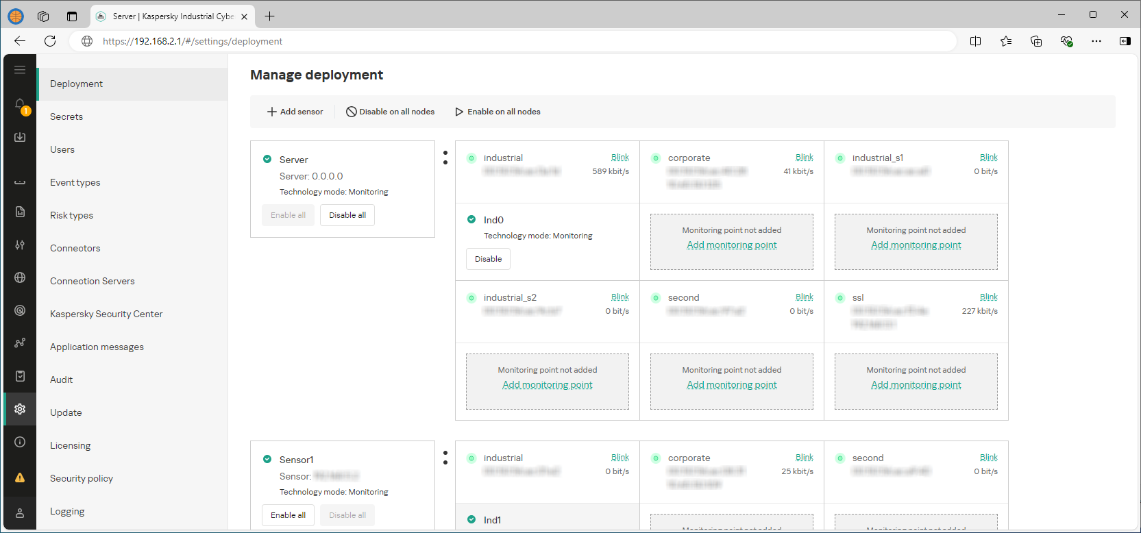 Example of the displayed elements and data in the web interface section.