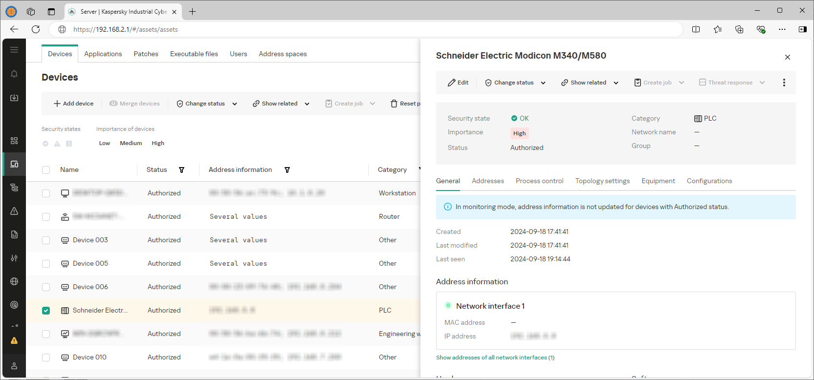 Example of the displayed elements and data in the web interface section.