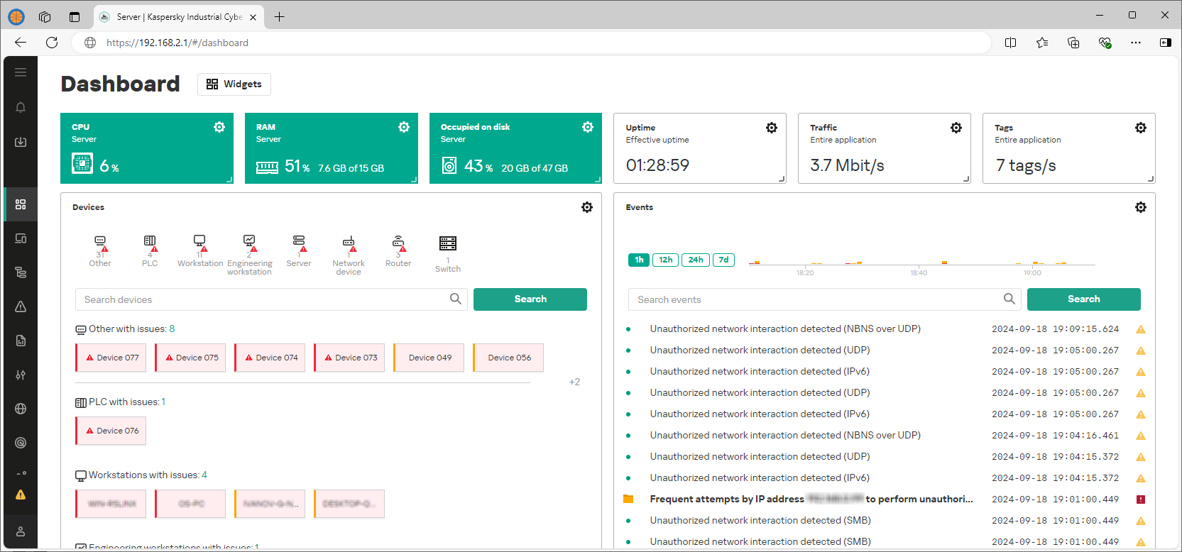 Example of the displayed elements and data in the web interface section.