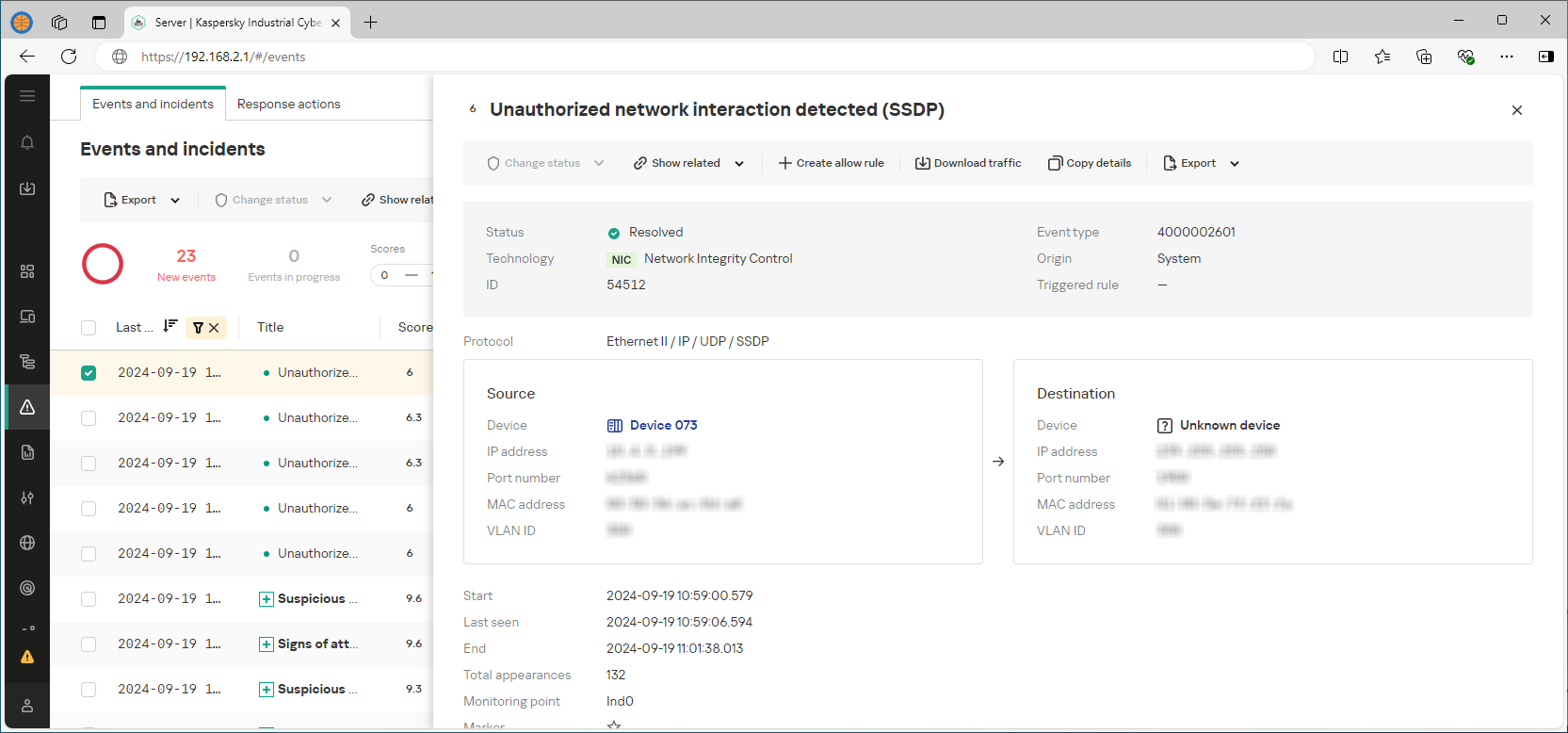 Example of the displayed elements and data in the web interface section.