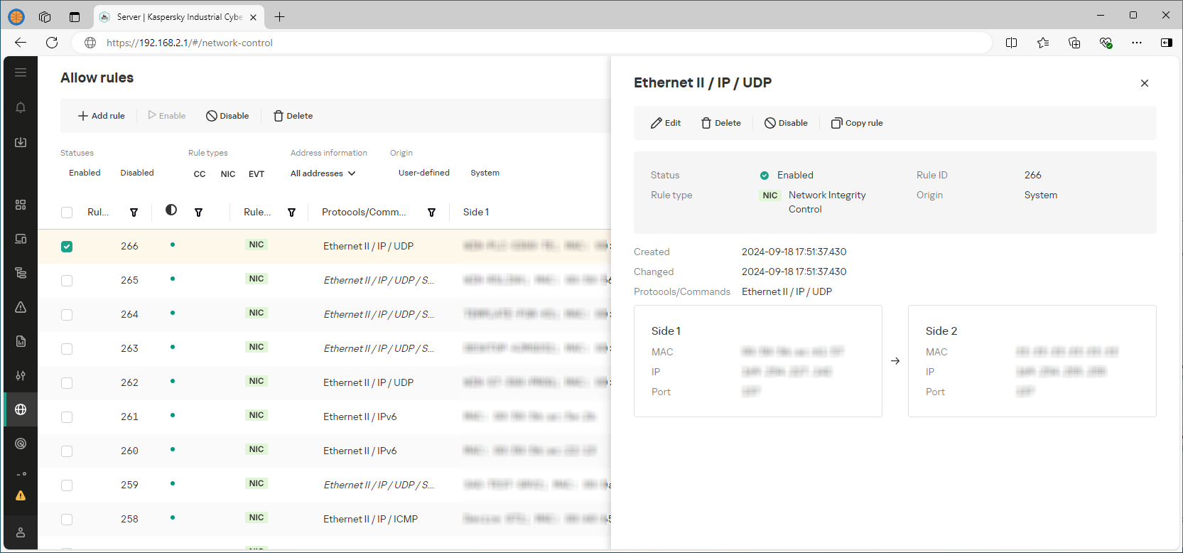 Example of the displayed elements and data in the web interface section.