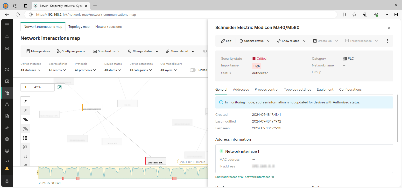 Example of the displayed elements and data in the web interface section.